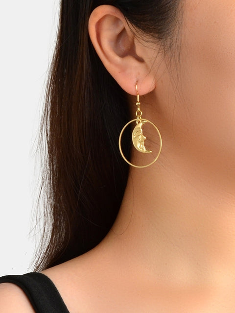 Gold Circle Moon Charm Dangle Earrings Minimalist Party Accessories
