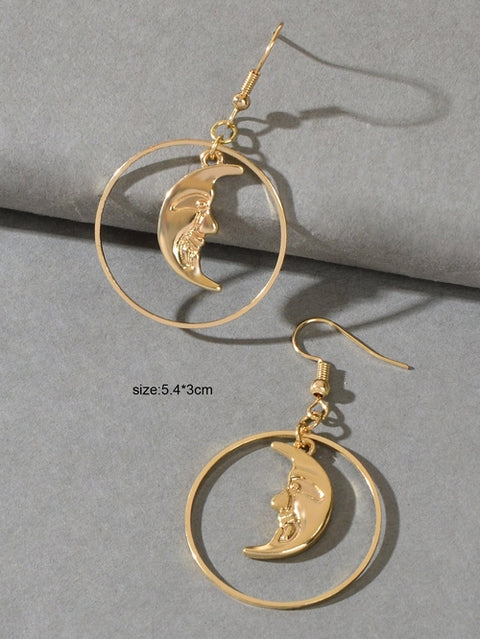 Gold Circle Moon Charm Dangle Earrings Minimalist Party Accessories