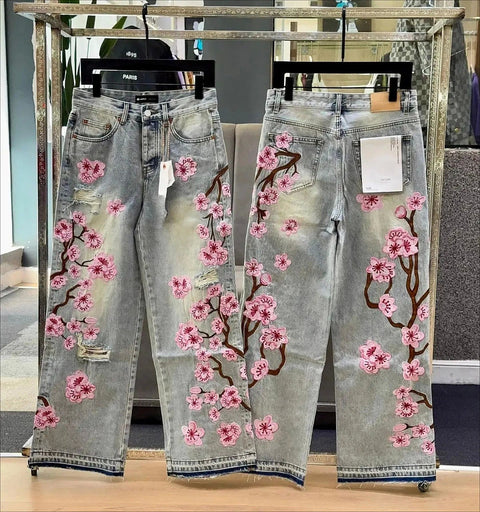 Straight Leg Embroidered Denim Pants